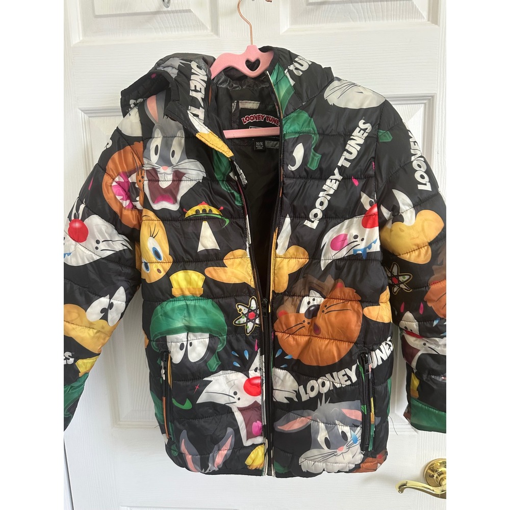 Members‎ Only Looney Tunes Puffer Jacket Kids 14/16 Black All Over Print EUC